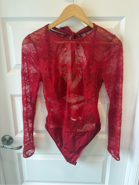 La Vie En Rose Tops - La Vie En Rose Red Lace Sheer Long-Sleeve Bodysuit